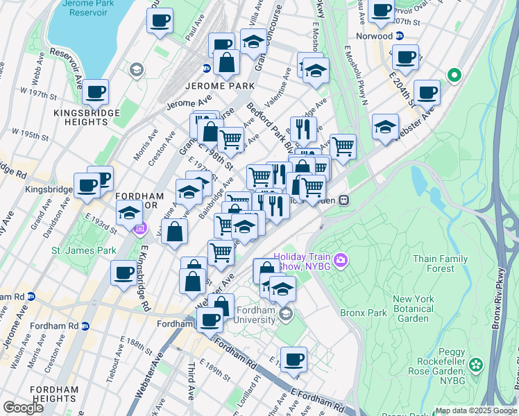 map of restaurants, bars, coffee shops, grocery stores, and more near 340 Marion Avenue in Bronx