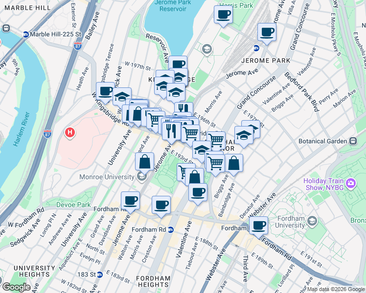 map of restaurants, bars, coffee shops, grocery stores, and more near in The Bronx