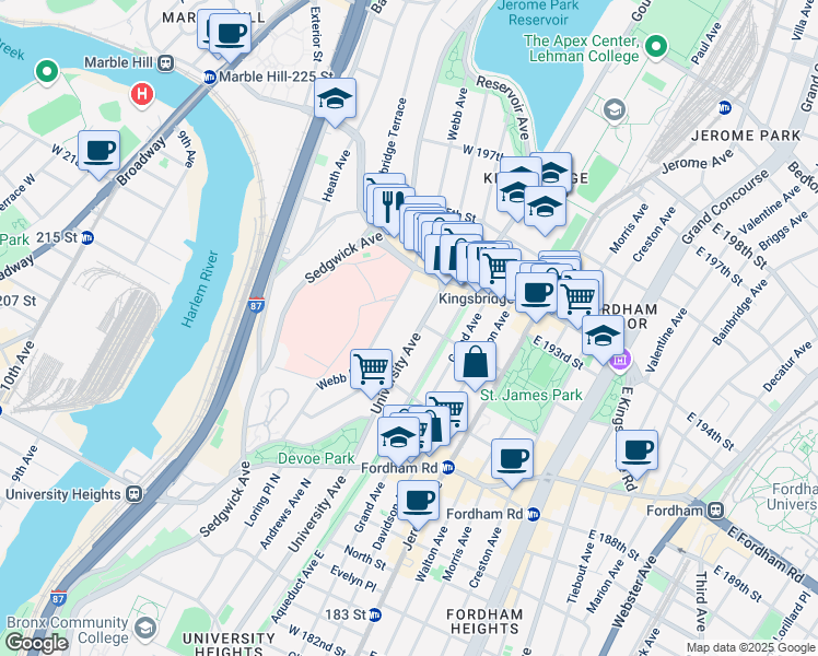 map of restaurants, bars, coffee shops, grocery stores, and more near 2553 University Avenue in Bronx