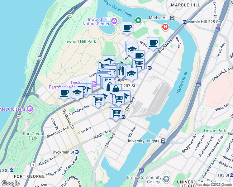 map of restaurants, bars, coffee shops, grocery stores, and more near 4966 Broadway in New York