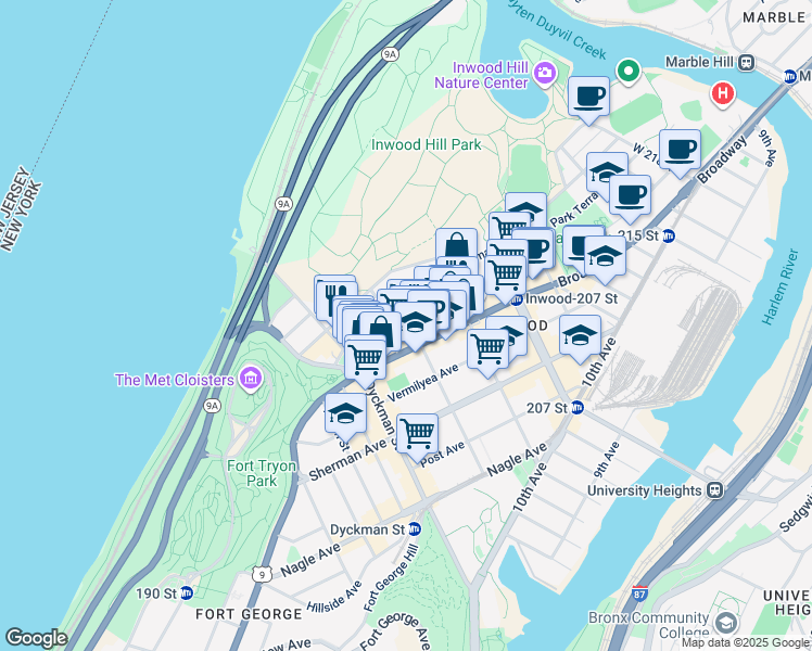 map of restaurants, bars, coffee shops, grocery stores, and more near 49 Seaman Avenue in New York