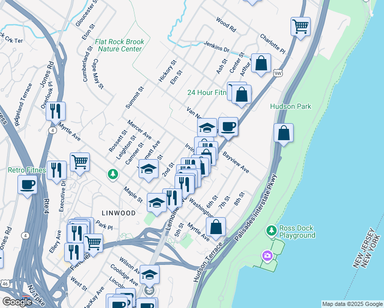 map of restaurants, bars, coffee shops, grocery stores, and more near 25 Irving Avenue in Englewood Cliffs