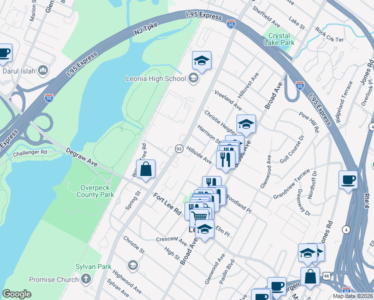 map of restaurants, bars, coffee shops, grocery stores, and more near 469 Grand Avenue in Leonia