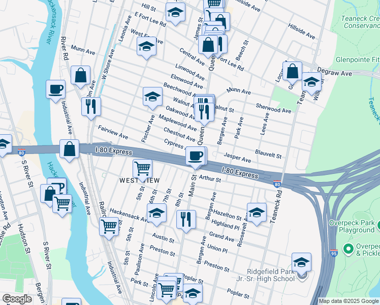 map of restaurants, bars, coffee shops, grocery stores, and more near 250 Chestnut Avenue in Bogota