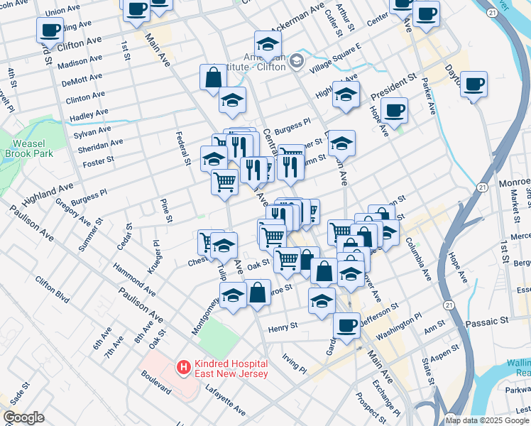 map of restaurants, bars, coffee shops, grocery stores, and more near 375 Harrison Street in Passaic