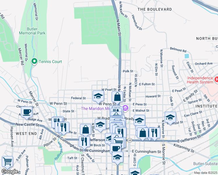 map of restaurants, bars, coffee shops, grocery stores, and more near 519 North Washington Street in Butler