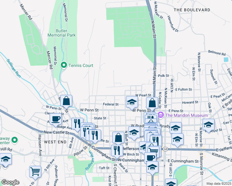 map of restaurants, bars, coffee shops, grocery stores, and more near 407 West Fulton Street in Butler