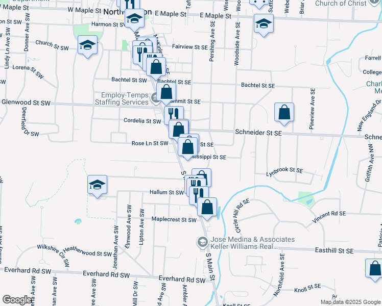 map of restaurants, bars, coffee shops, grocery stores, and more near 209 Rose Lane Street Southeast in North Canton
