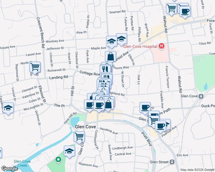 map of restaurants, bars, coffee shops, grocery stores, and more near 100 School Street in Glen Cove