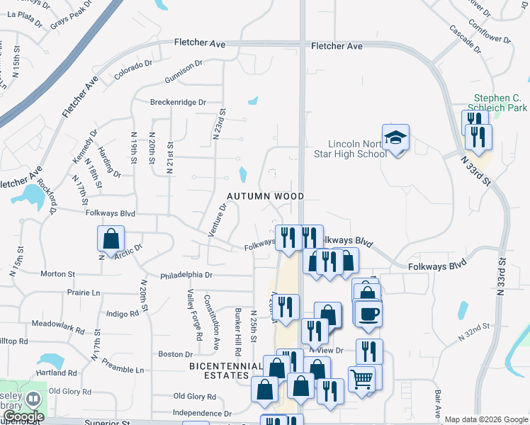 map of restaurants, bars, coffee shops, grocery stores, and more near 5562 Enterprise Drive in Lincoln