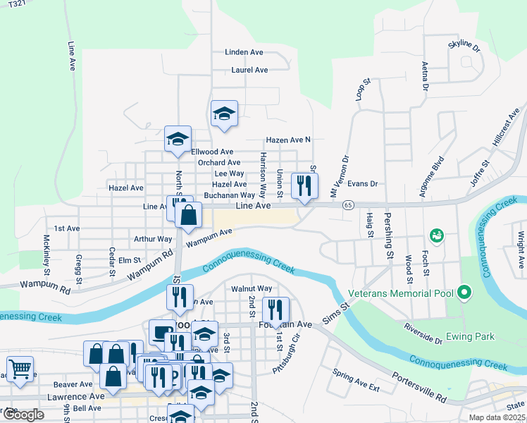 map of restaurants, bars, coffee shops, grocery stores, and more near 212 West Line Avenue in Ellwood City