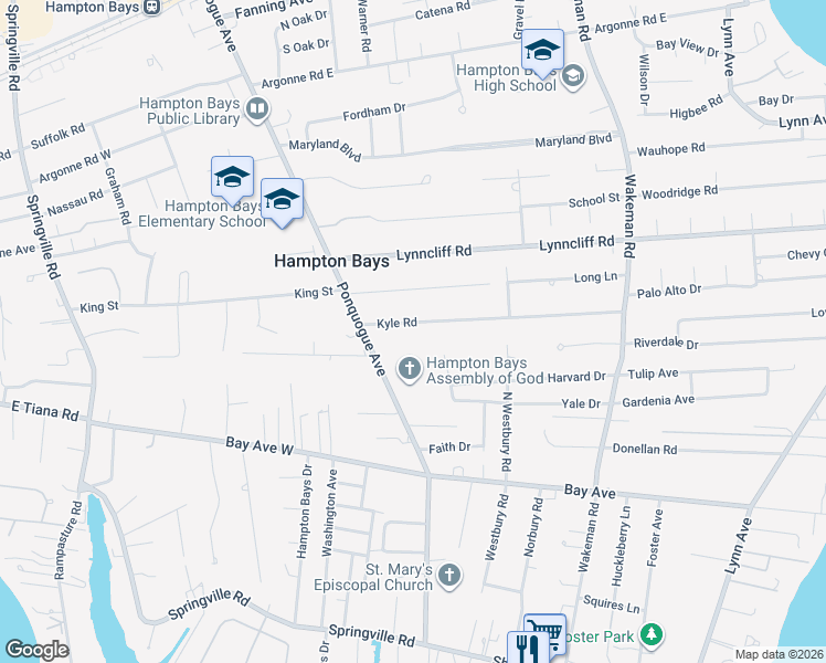 map of restaurants, bars, coffee shops, grocery stores, and more near 11 Kyle Road in Hampton Bays