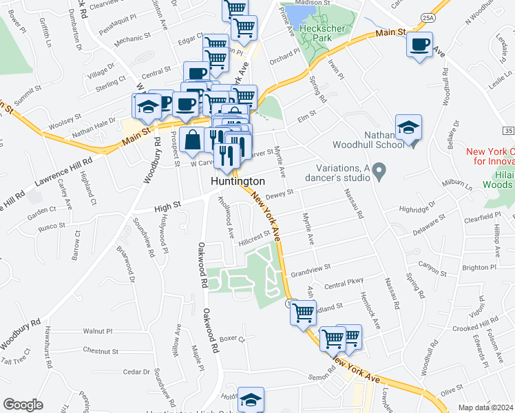 map of restaurants, bars, coffee shops, grocery stores, and more near 453 New York Avenue in Huntington