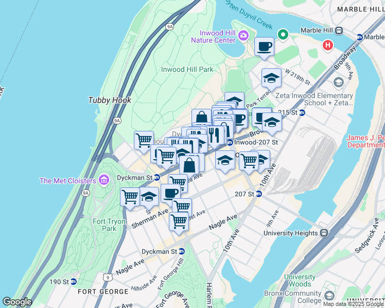 map of restaurants, bars, coffee shops, grocery stores, and more near 4857 Broadway in New York