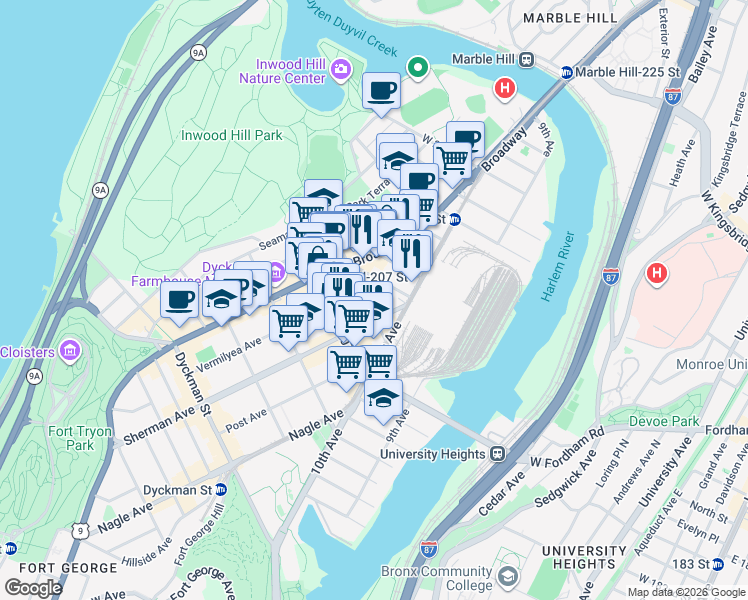 map of restaurants, bars, coffee shops, grocery stores, and more near 541 Isham Street in New York