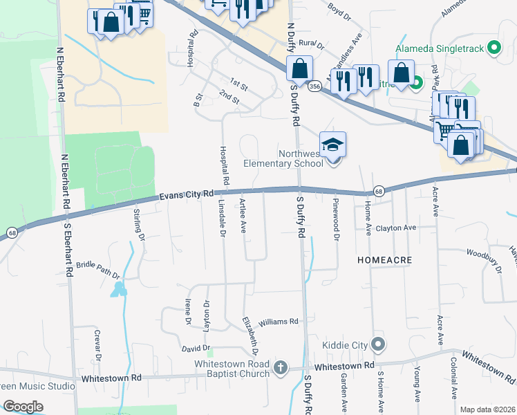 map of restaurants, bars, coffee shops, grocery stores, and more near 100 Artlee Avenue in Meridian