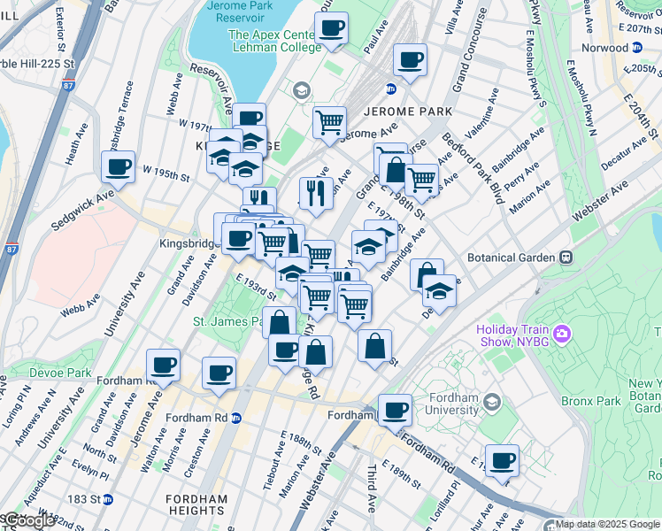 map of restaurants, bars, coffee shops, grocery stores, and more near 2720 Grand Concourse in The Bronx