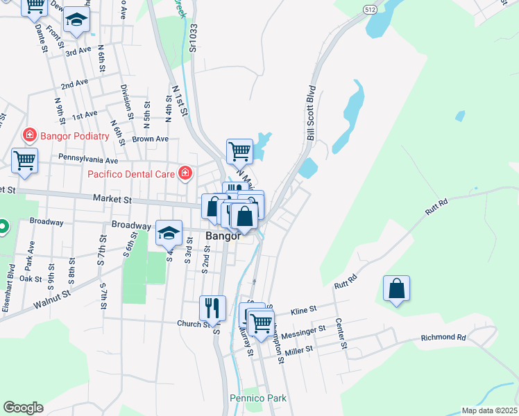 map of restaurants, bars, coffee shops, grocery stores, and more near 1 North Main Street in Bangor