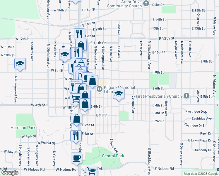 map of restaurants, bars, coffee shops, grocery stores, and more near 601 North Iowa Avenue in York