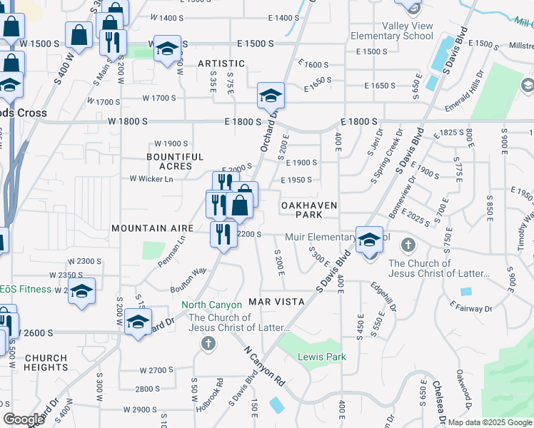 map of restaurants, bars, coffee shops, grocery stores, and more near 2099 Orchard Pines Loop East in Bountiful