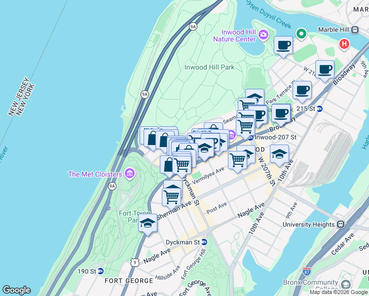 map of restaurants, bars, coffee shops, grocery stores, and more near 32 Seaman Avenue in New York