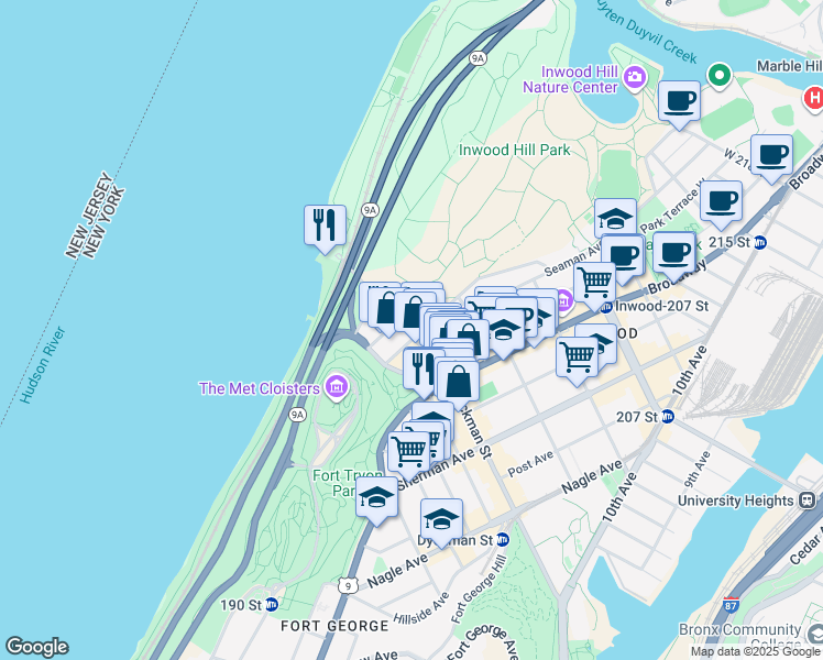 map of restaurants, bars, coffee shops, grocery stores, and more near 50 Payson Avenue in New York