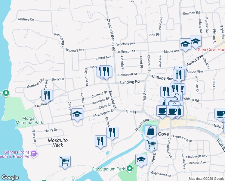 map of restaurants, bars, coffee shops, grocery stores, and more near 57 Landing Road in Glen Cove