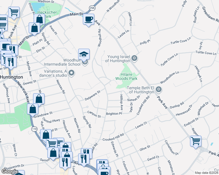 map of restaurants, bars, coffee shops, grocery stores, and more near 4 Hilaire Drive in Huntington