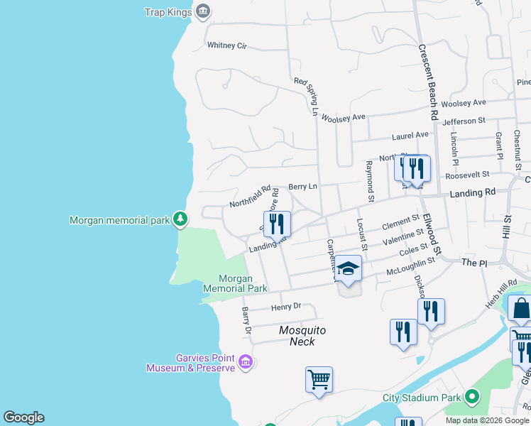 map of restaurants, bars, coffee shops, grocery stores, and more near 6 Sycamore Road in Glen Cove