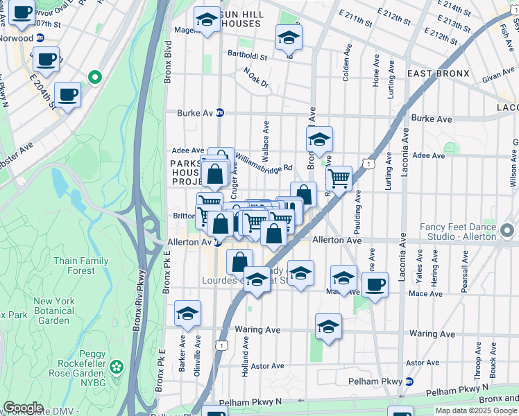 map of restaurants, bars, coffee shops, grocery stores, and more near 2755 Wallace Avenue in Bronx