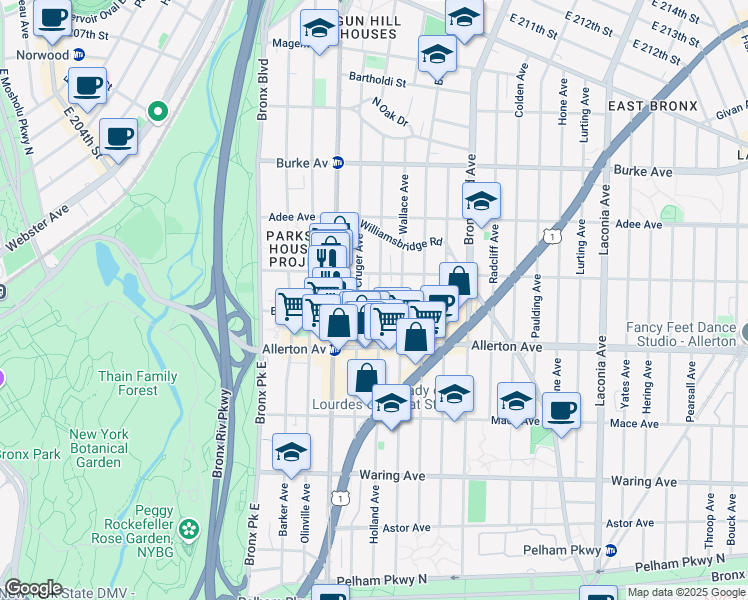 map of restaurants, bars, coffee shops, grocery stores, and more near 2754 Cruger Avenue in The Bronx