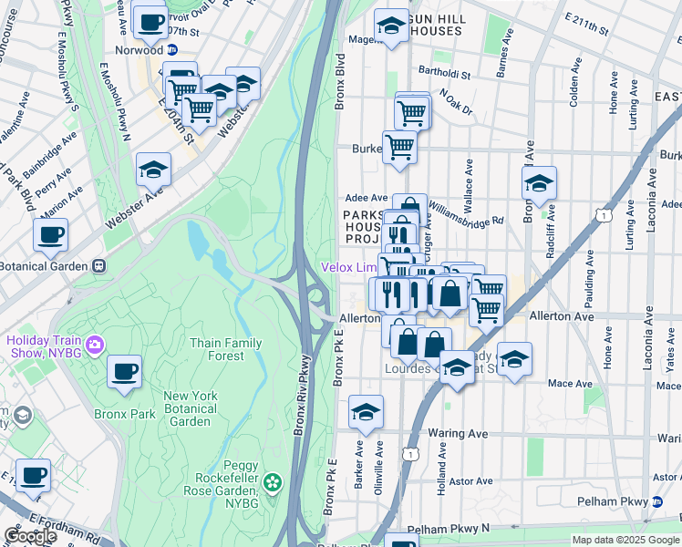 map of restaurants, bars, coffee shops, grocery stores, and more near 2846 Park East in Bronx