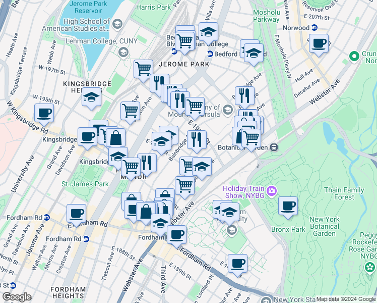 map of restaurants, bars, coffee shops, grocery stores, and more near 2791 Pond Place in Bronx
