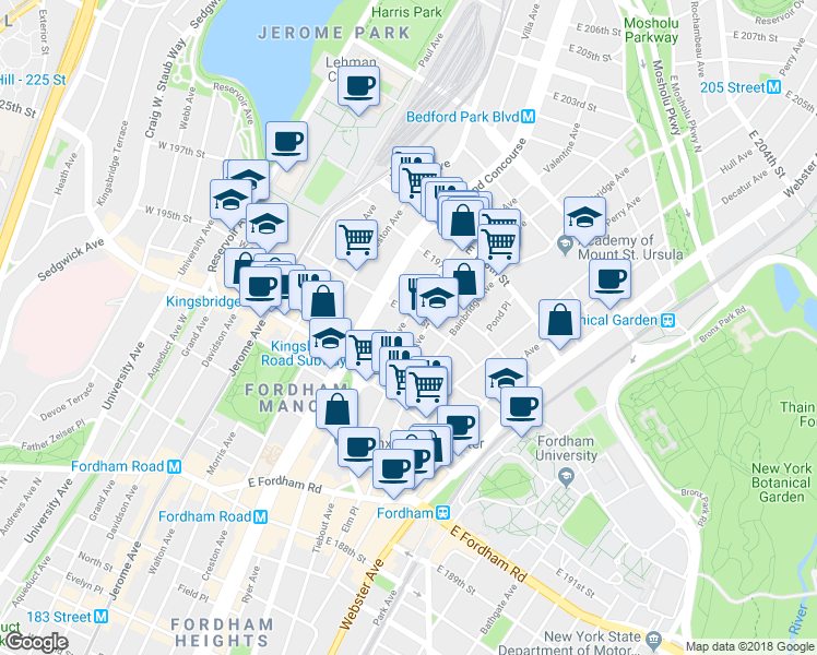 map of restaurants, bars, coffee shops, grocery stores, and more near in The Bronx