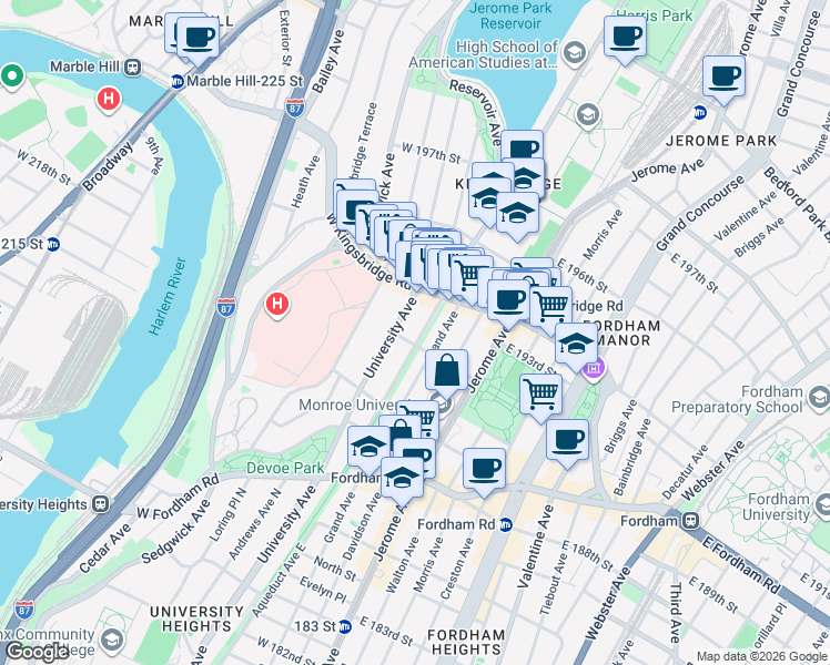 map of restaurants, bars, coffee shops, grocery stores, and more near 2621 Aqueduct Avenue West in Bronx