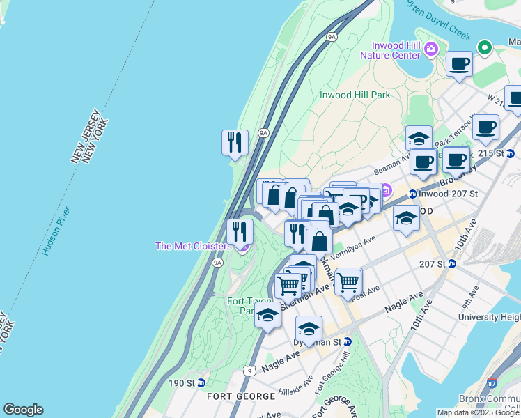 map of restaurants, bars, coffee shops, grocery stores, and more near 25 Staff Street in New York