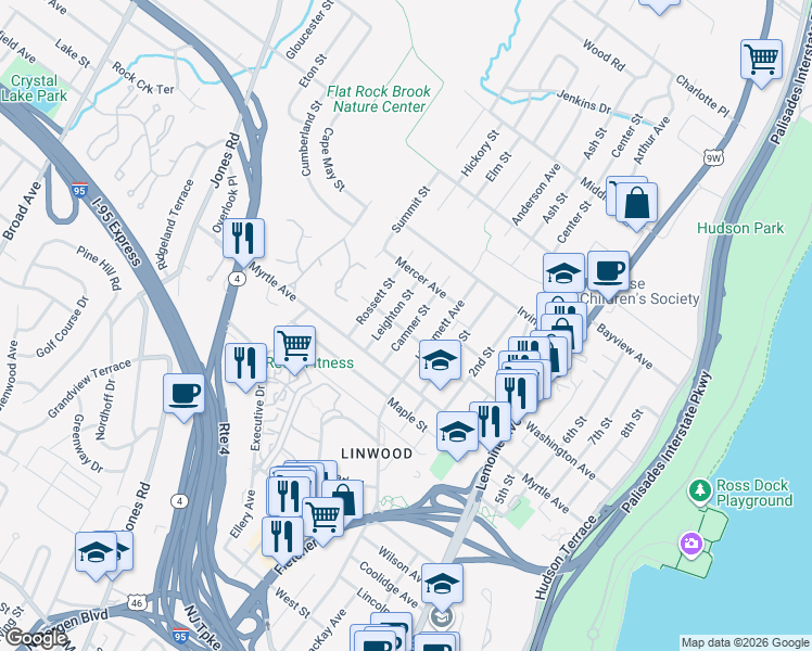 map of restaurants, bars, coffee shops, grocery stores, and more near 2452B Leighton Street in Fort Lee