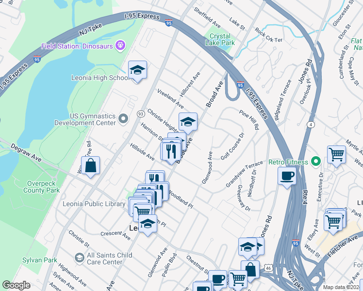 map of restaurants, bars, coffee shops, grocery stores, and more near 254 Christie Heights Street in Leonia
