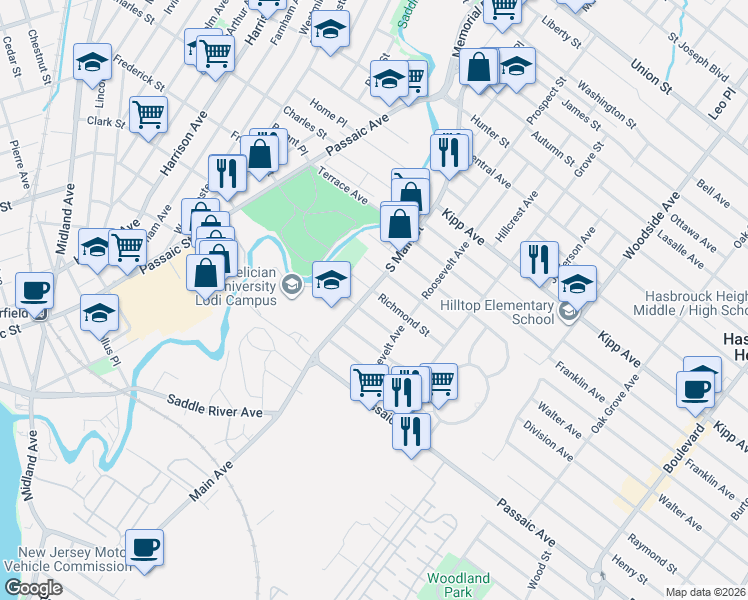 map of restaurants, bars, coffee shops, grocery stores, and more near 195 South Main Street in Lodi