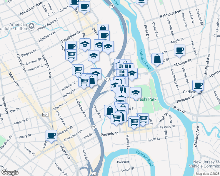 map of restaurants, bars, coffee shops, grocery stores, and more near 188 1st Street in Passaic