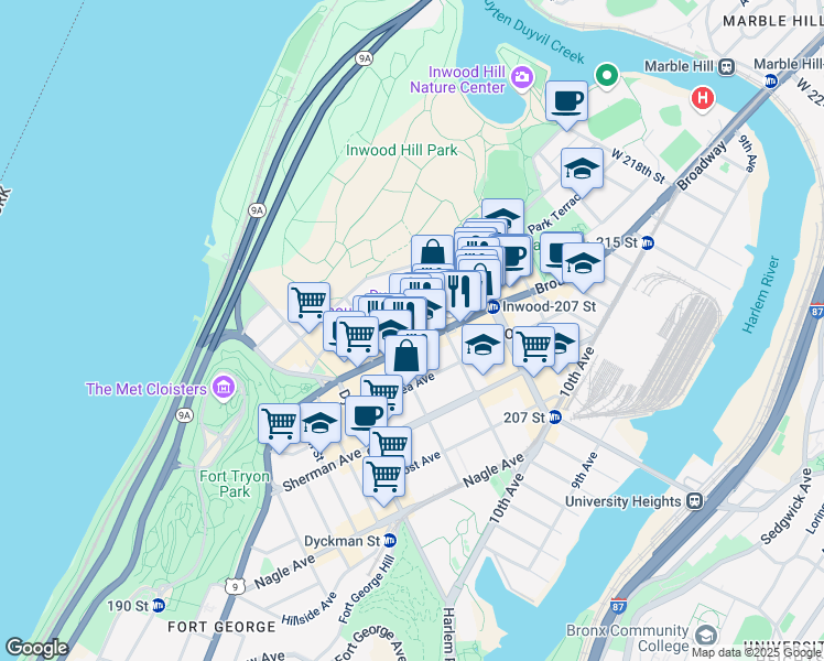 map of restaurants, bars, coffee shops, grocery stores, and more near 4857 Broadway in New York
