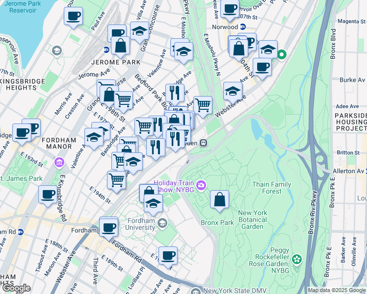 map of restaurants, bars, coffee shops, grocery stores, and more near 260 East 188th Street in Bronx