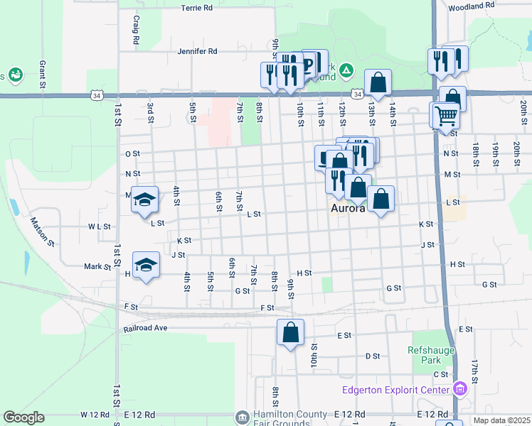 map of restaurants, bars, coffee shops, grocery stores, and more near 1101 8th Street in Aurora