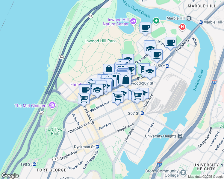 map of restaurants, bars, coffee shops, grocery stores, and more near 658 West 204th Street in New York