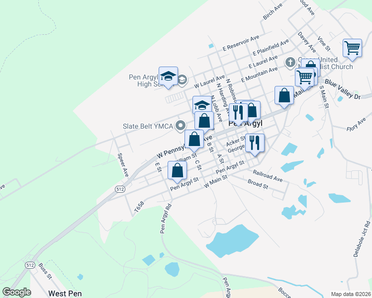map of restaurants, bars, coffee shops, grocery stores, and more near 439 West Pennsylvania Avenue in Pen Argyl