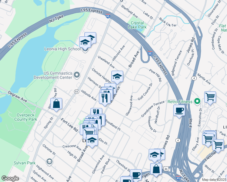 map of restaurants, bars, coffee shops, grocery stores, and more near 254 Christie Heights Street in Leonia