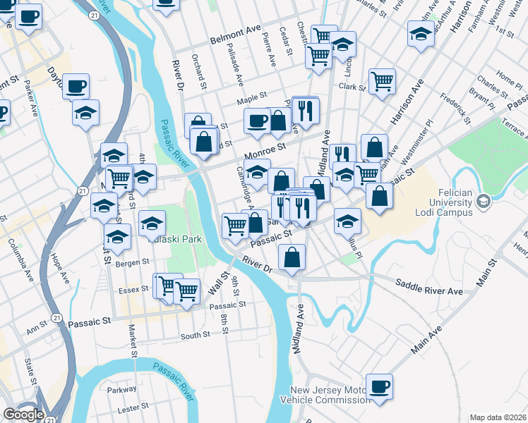 map of restaurants, bars, coffee shops, grocery stores, and more near 101 Palisade Avenue in Garfield