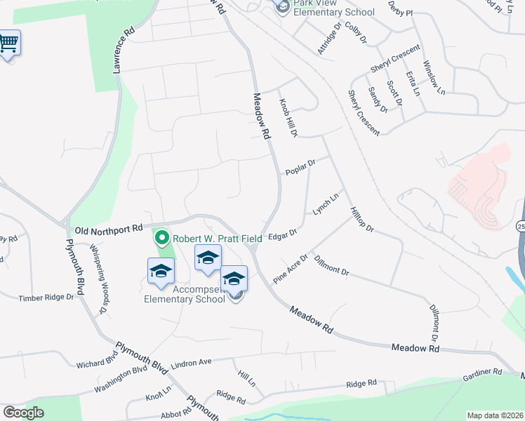 map of restaurants, bars, coffee shops, grocery stores, and more near 602 Meadow Road in Kings Park