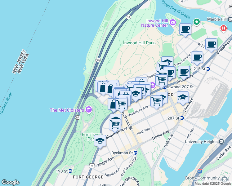 map of restaurants, bars, coffee shops, grocery stores, and more near 55 Payson Avenue in New York