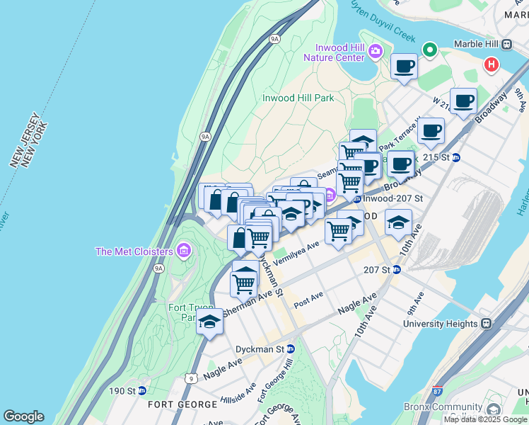 map of restaurants, bars, coffee shops, grocery stores, and more near Seaman Ave & Cumming St in New York